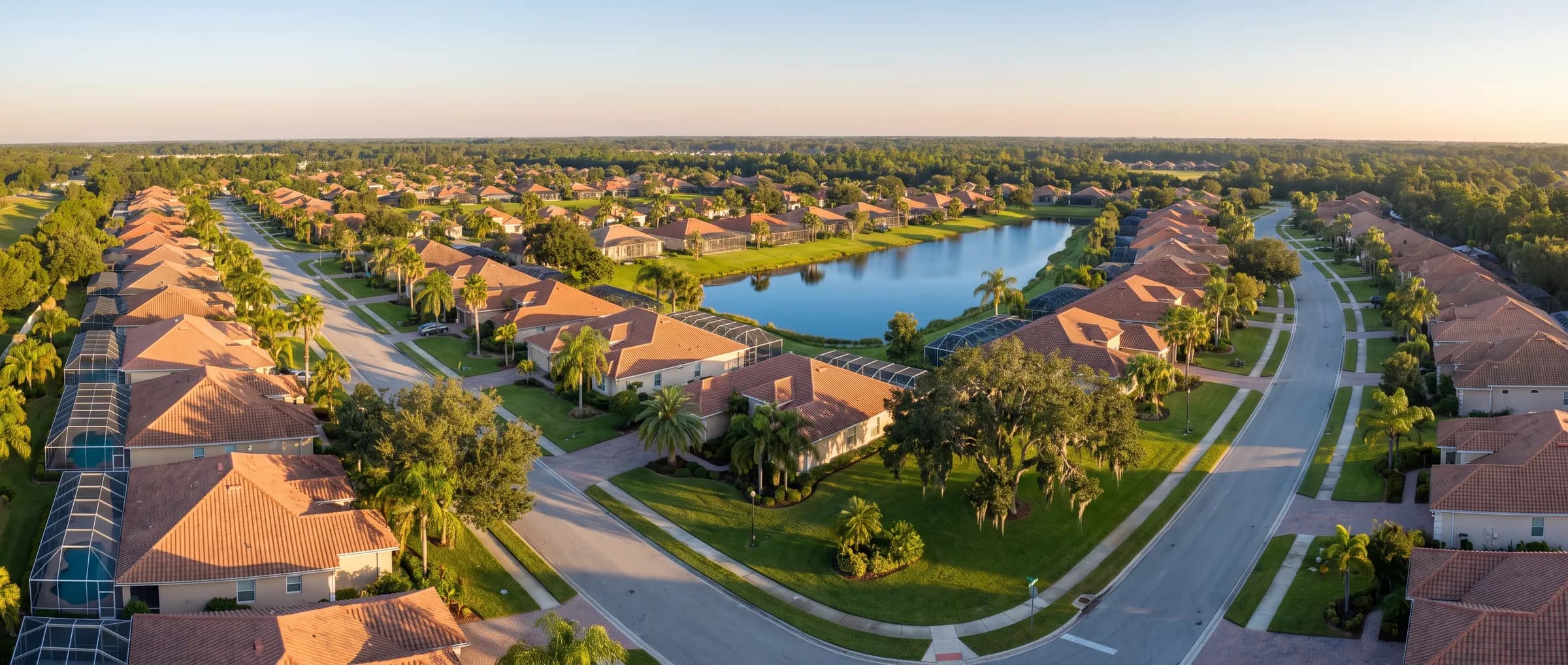 Aerial view of a Central Florida neighborhood of single-family homes around a lake